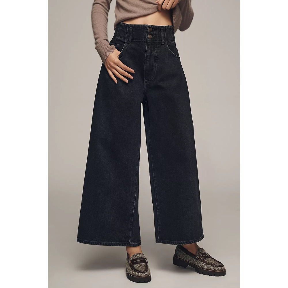 Pilcro Double Button Waist High-Rise Wide-Leg Jeans Black OB2145570 Size 27